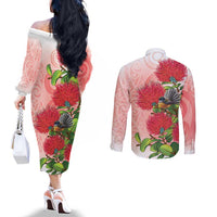 New Zealand Fantail Couples Matching Off The Shoulder Long Sleeve Dress and Long Sleeve Button Shirt Maori Koru With Pohutukawa Flowers LT05 - Polynesian Pride