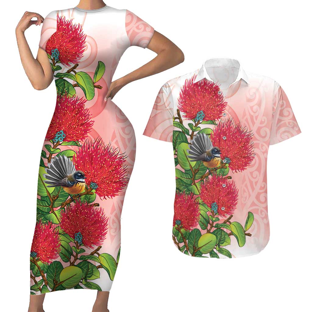 New Zealand Fantail Couples Matching Short Sleeve Bodycon Dress and Hawaiian Shirt Maori Koru With Pohutukawa Flowers - Polynesian Pride