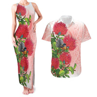 New Zealand Fantail Couples Matching Tank Maxi Dress and Hawaiian Shirt Maori Koru With Pohutukawa Flowers LT05 Red - Polynesian Pride