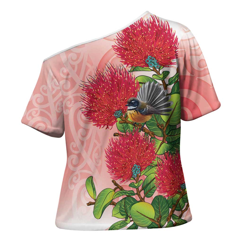 New Zealand Fantail Cross Shoulder Shirt Maori Koru With Pohutukawa Flowers - Polynesian Pride