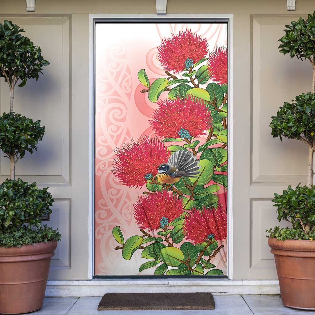 New Zealand Fantail Door Cover Maori Koru With Pohutukawa Flowers - Polynesian Pride
