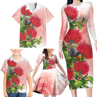 New Zealand Fantail Family Matching Long Sleeve Bodycon Dress and Hawaiian Shirt Maori Koru With Pohutukawa Flowers