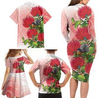 New Zealand Fantail Family Matching Long Sleeve Bodycon Dress and Hawaiian Shirt Maori Koru With Pohutukawa Flowers