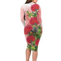 New Zealand Fantail Family Matching Long Sleeve Bodycon Dress and Hawaiian Shirt Maori Koru With Pohutukawa Flowers