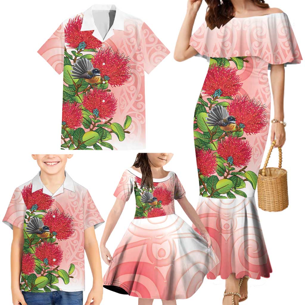 New Zealand Fantail Family Matching Mermaid Dress and Hawaiian Shirt Maori Koru With Pohutukawa Flowers