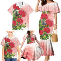 New Zealand Fantail Family Matching Mermaid Dress and Hawaiian Shirt Maori Koru With Pohutukawa Flowers