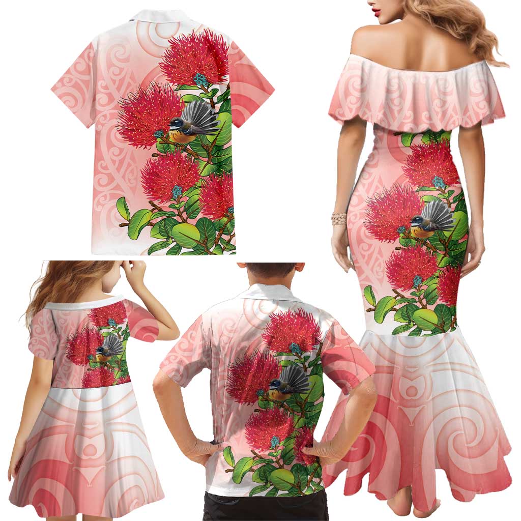 New Zealand Fantail Family Matching Mermaid Dress and Hawaiian Shirt Maori Koru With Pohutukawa Flowers