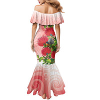 New Zealand Fantail Family Matching Mermaid Dress and Hawaiian Shirt Maori Koru With Pohutukawa Flowers