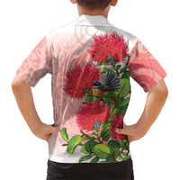 New Zealand Fantail Family Matching Off The Shoulder Long Sleeve Dress and Hawaiian Shirt Maori Koru With Pohutukawa Flowers