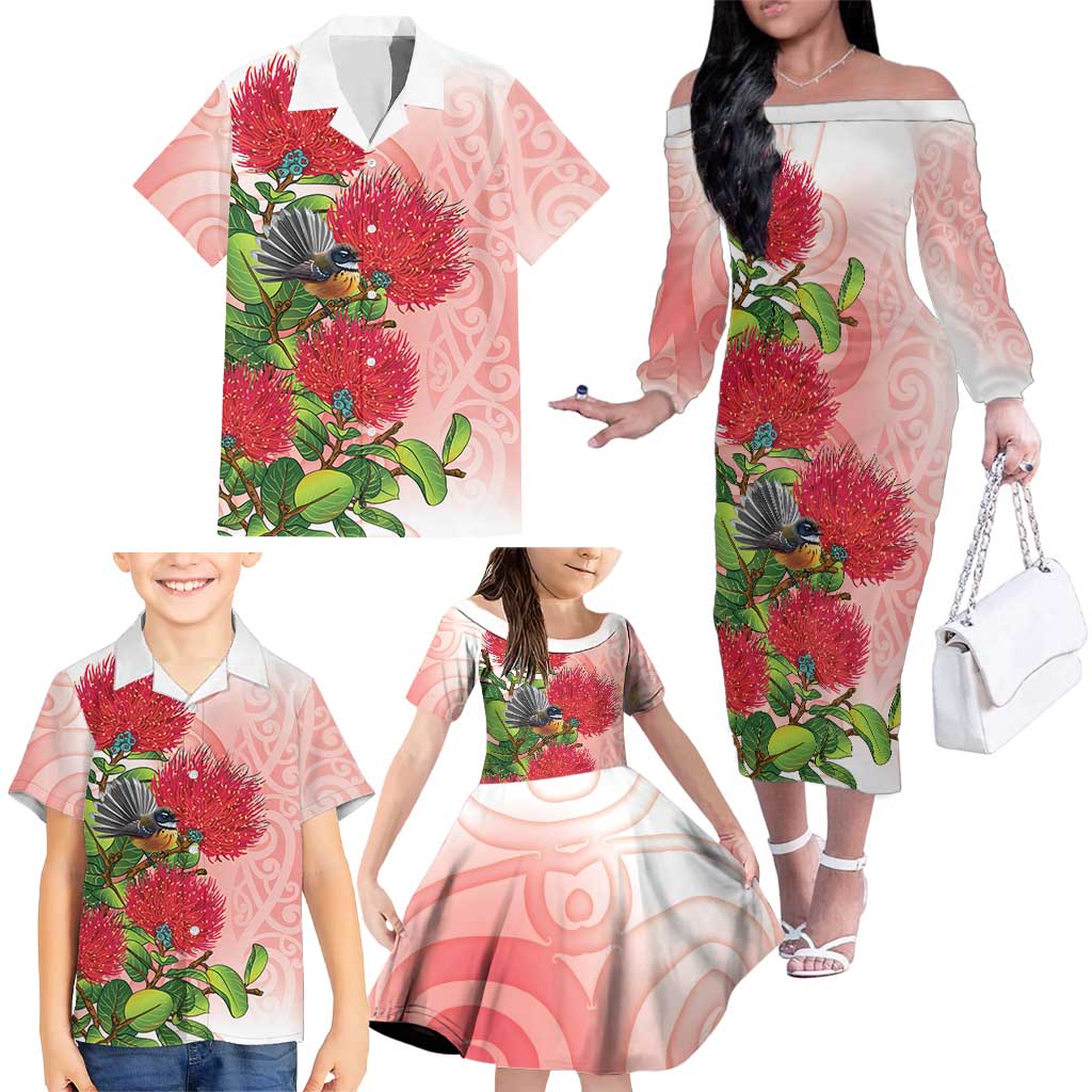New Zealand Fantail Family Matching Off The Shoulder Long Sleeve Dress and Hawaiian Shirt Maori Koru With Pohutukawa Flowers