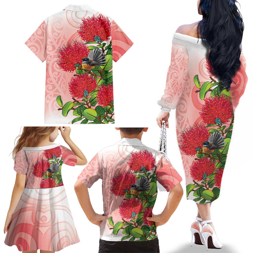 New Zealand Fantail Family Matching Off The Shoulder Long Sleeve Dress and Hawaiian Shirt Maori Koru With Pohutukawa Flowers