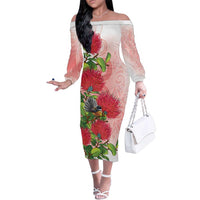 New Zealand Fantail Family Matching Off The Shoulder Long Sleeve Dress and Hawaiian Shirt Maori Koru With Pohutukawa Flowers