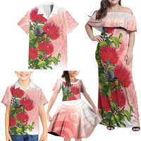 New Zealand Fantail Family Matching Off Shoulder Maxi Dress and Hawaiian Shirt Maori Koru With Pohutukawa Flowers