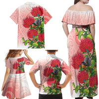 New Zealand Fantail Family Matching Off Shoulder Maxi Dress and Hawaiian Shirt Maori Koru With Pohutukawa Flowers