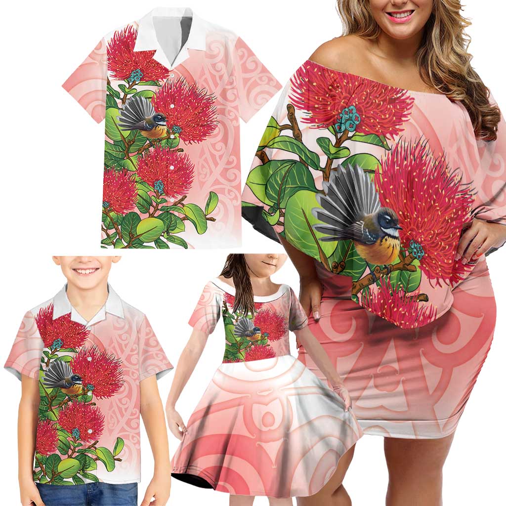 New Zealand Fantail Family Matching Off Shoulder Short Dress and Hawaiian Shirt Maori Koru With Pohutukawa Flowers