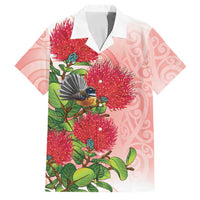 New Zealand Fantail Family Matching Off Shoulder Short Dress and Hawaiian Shirt Maori Koru With Pohutukawa Flowers