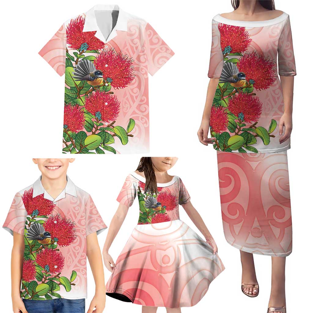New Zealand Fantail Family Matching Puletasi and Hawaiian Shirt Maori Koru With Pohutukawa Flowers