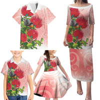 New Zealand Fantail Family Matching Puletasi and Hawaiian Shirt Maori Koru With Pohutukawa Flowers