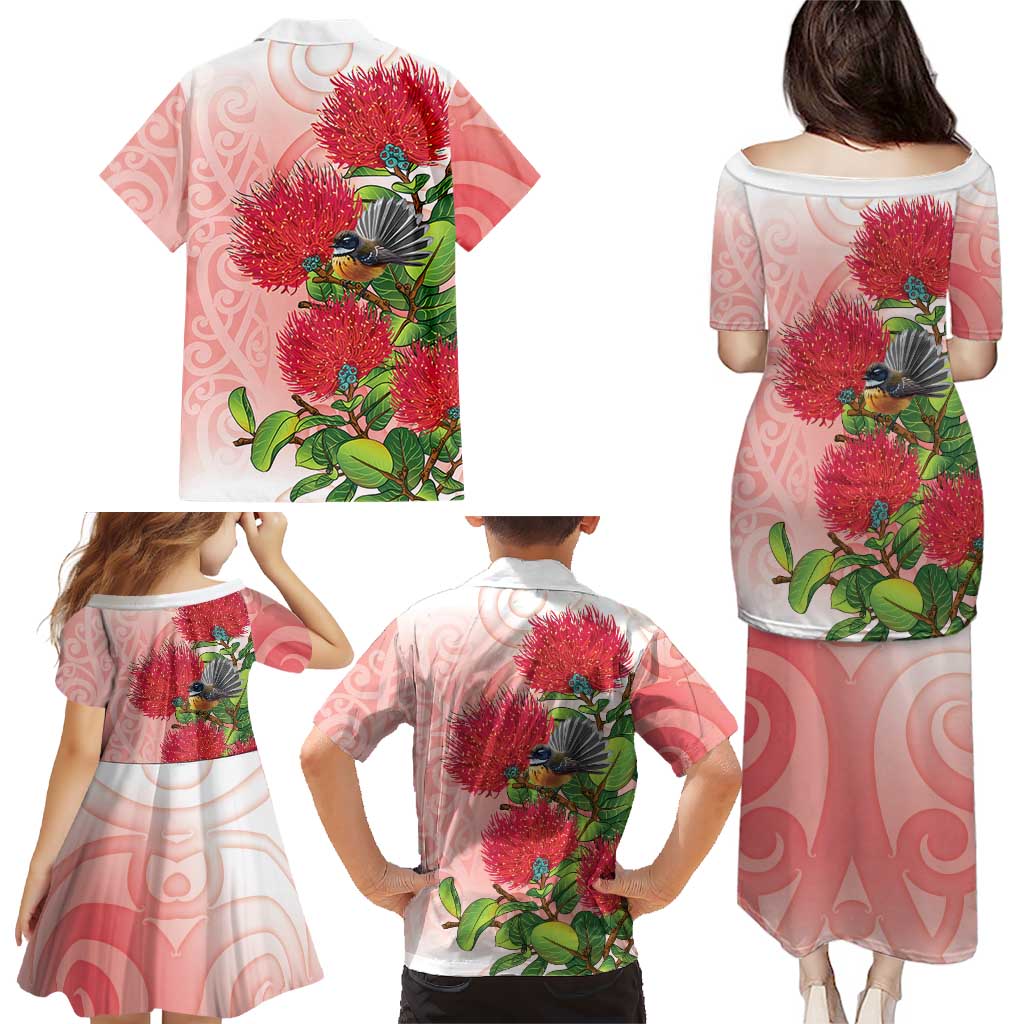 New Zealand Fantail Family Matching Puletasi and Hawaiian Shirt Maori Koru With Pohutukawa Flowers
