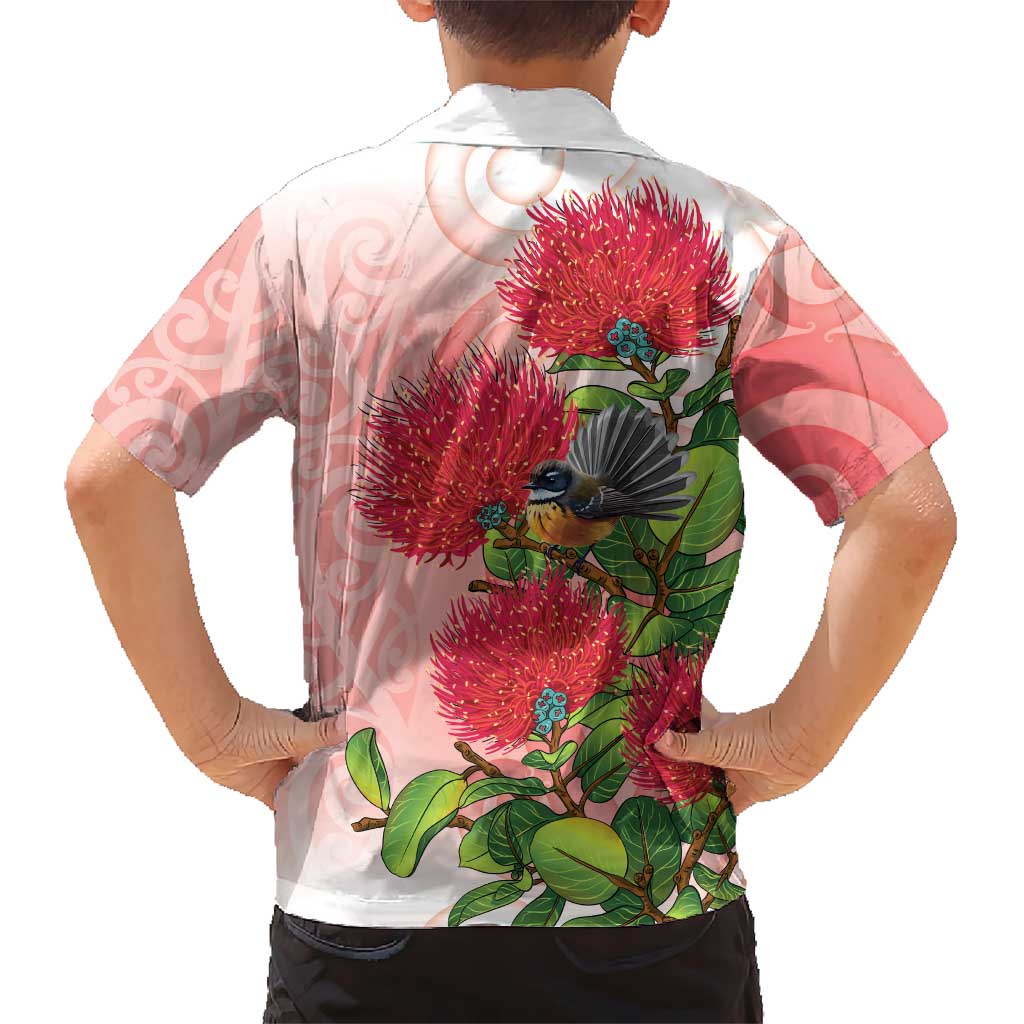 New Zealand Fantail Family Matching Short Sleeve Bodycon Dress and Hawaiian Shirt Maori Koru With Pohutukawa Flowers