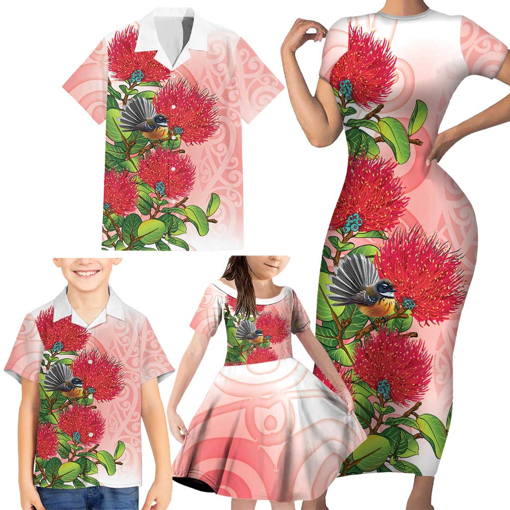 New Zealand Fantail Family Matching Short Sleeve Bodycon Dress and Hawaiian Shirt Maori Koru With Pohutukawa Flowers