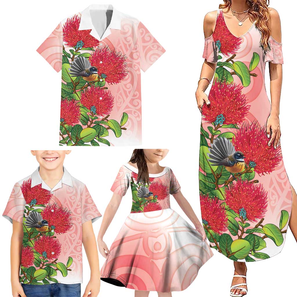 New Zealand Fantail Family Matching Summer Maxi Dress and Hawaiian Shirt Maori Koru With Pohutukawa Flowers
