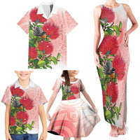 New Zealand Fantail Family Matching Tank Maxi Dress and Hawaiian Shirt Maori Koru With Pohutukawa Flowers