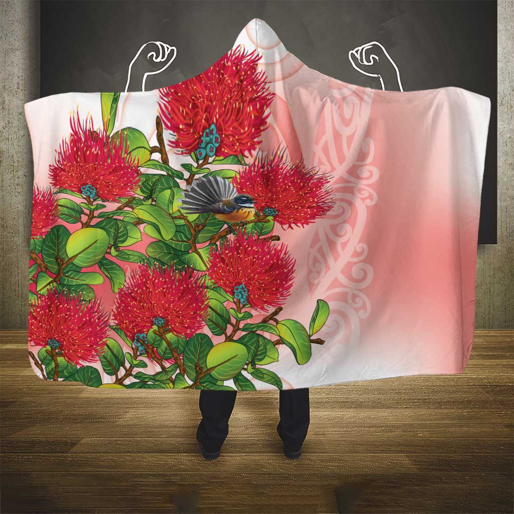New Zealand Fantail Hooded Blanket Maori Koru With Pohutukawa Flowers LT05 - Polynesian Pride