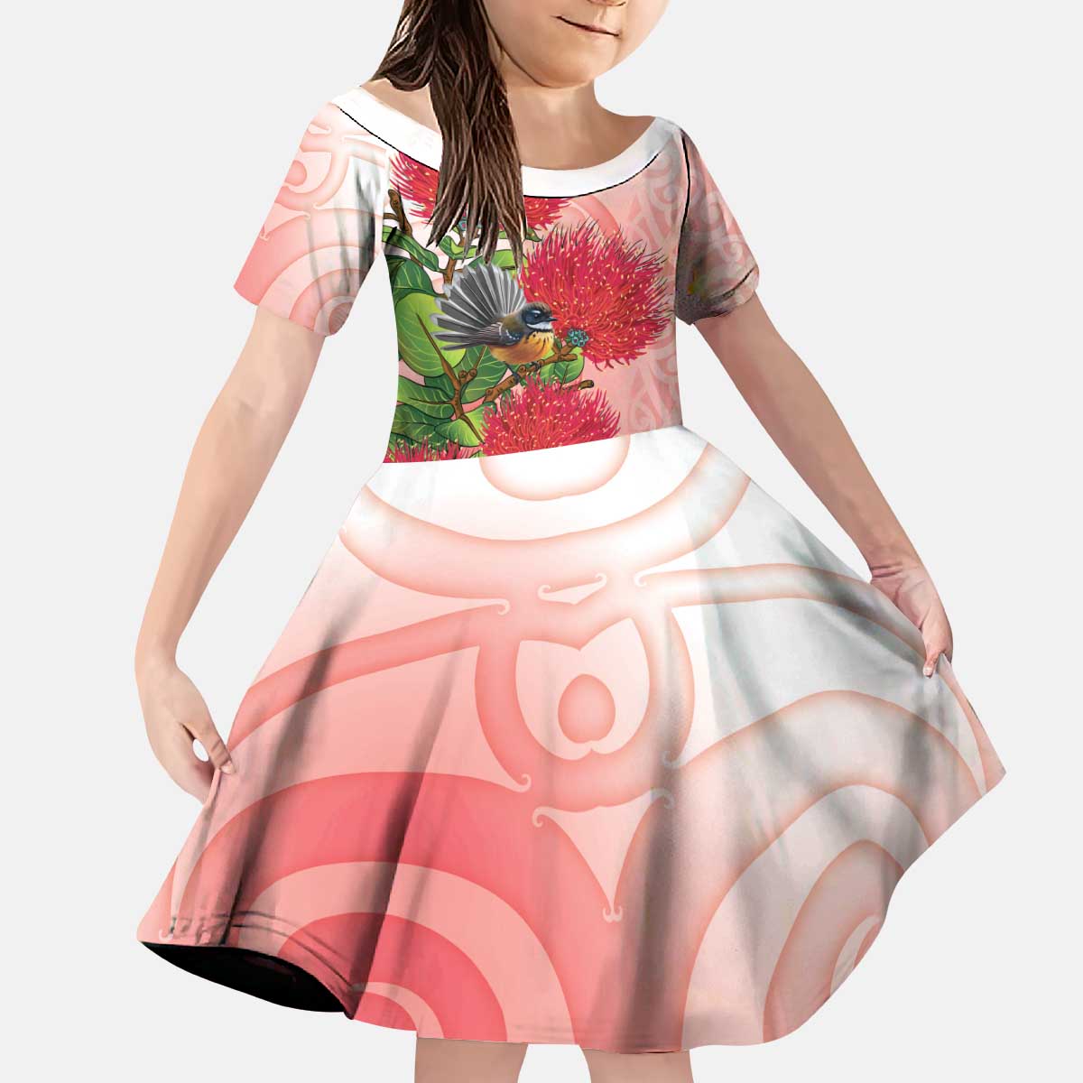 New Zealand Fantail Kid Short Sleeve Dress Maori Koru With Pohutukawa Flowers LT05 KID Red - Polynesian Pride
