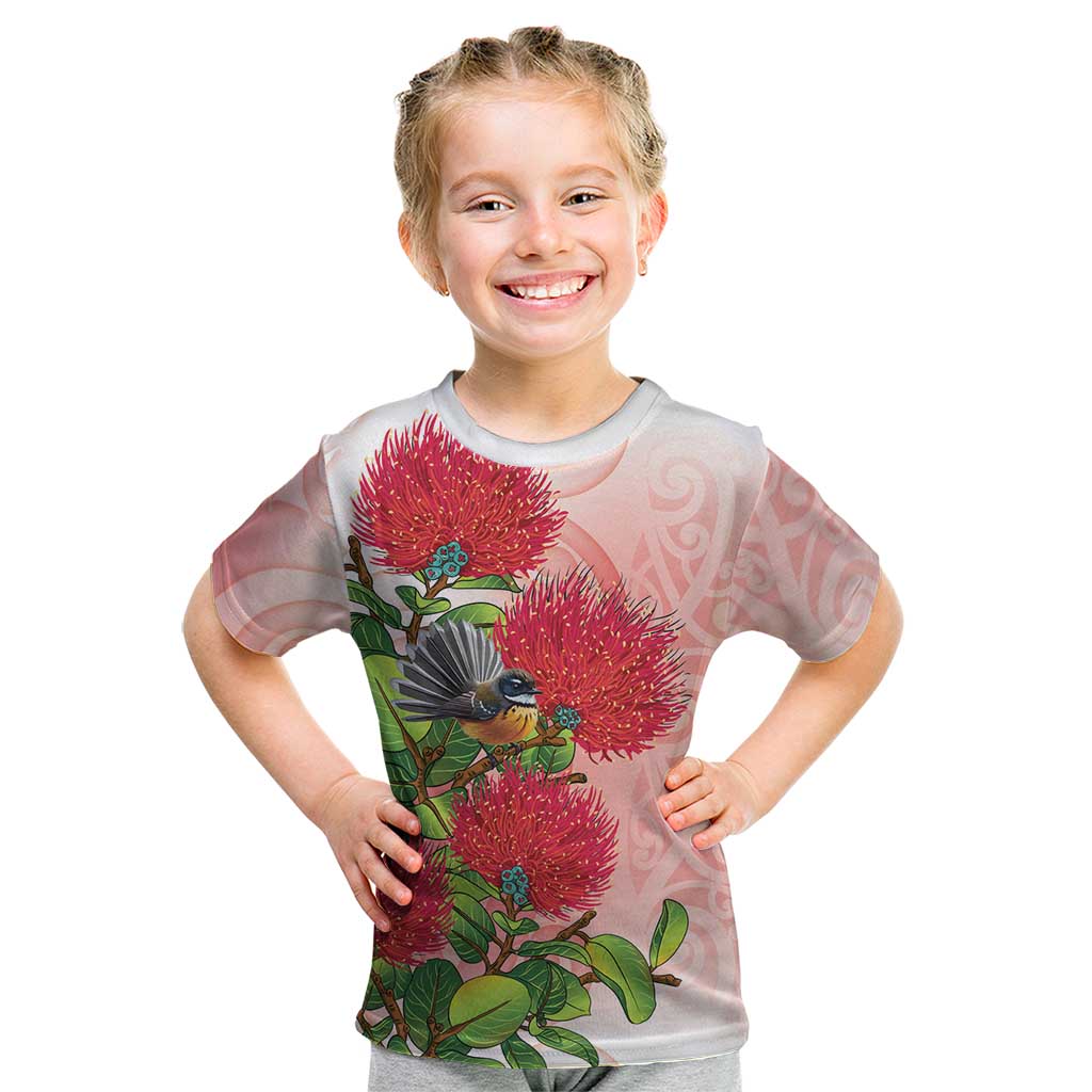 New Zealand Fantail Kid T Shirt Maori Koru With Pohutukawa Flowers LT05 Red - Polynesian Pride