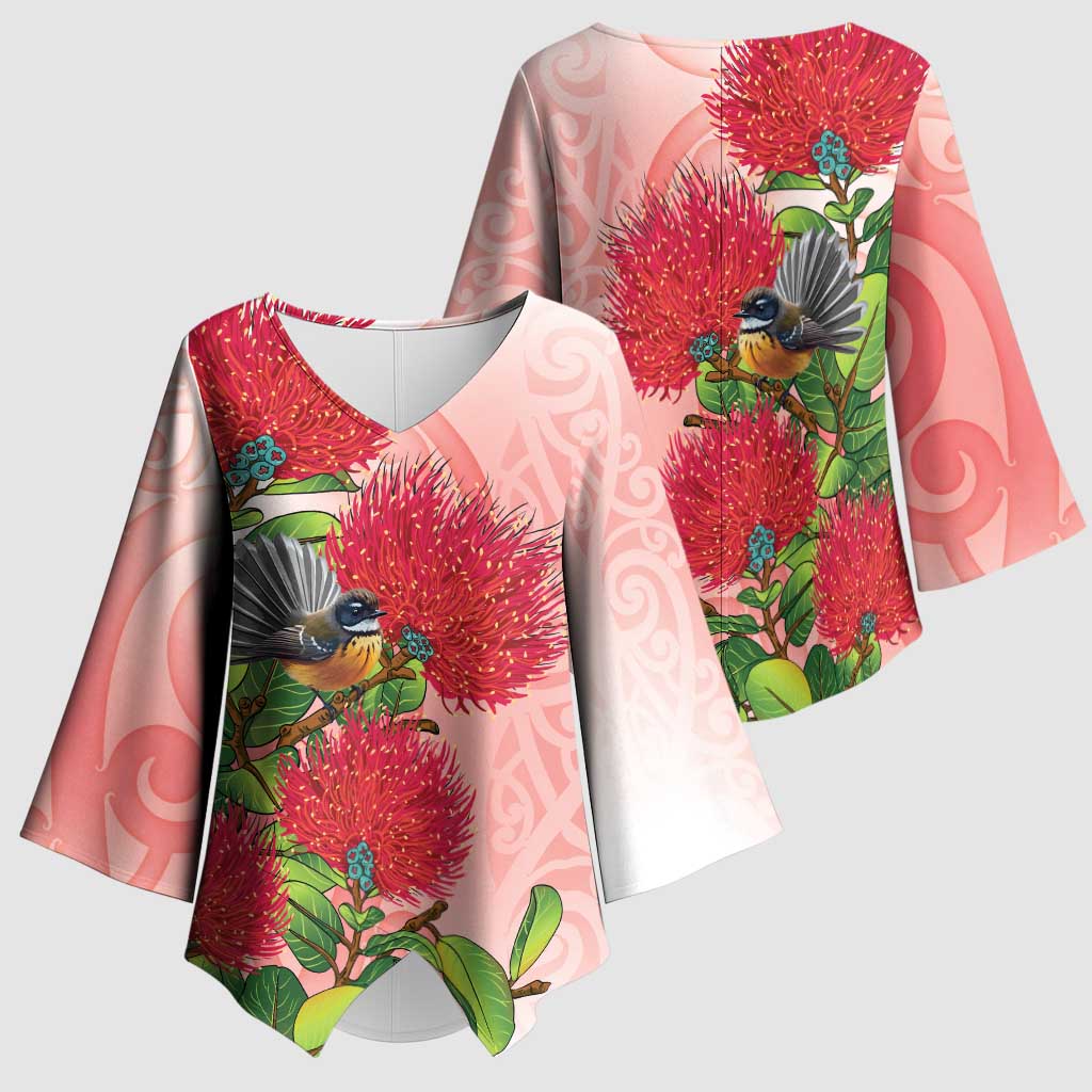 New Zealand Fantail Kimono Sleeve Blouse Maori Koru With Pohutukawa Flowers LT05 - Polynesian Pride