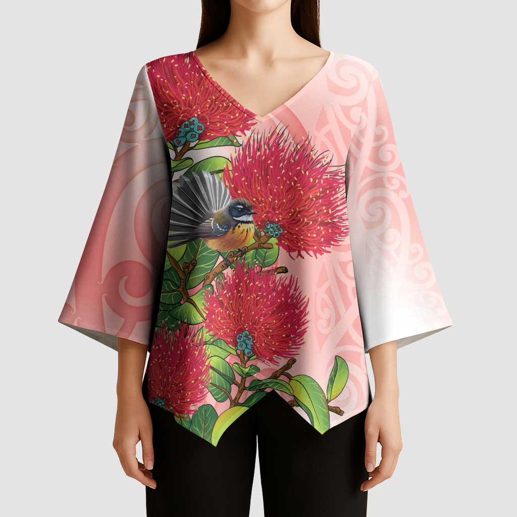 New Zealand Fantail Kimono Sleeve Blouse Maori Koru With Pohutukawa Flowers LT05 - Polynesian Pride