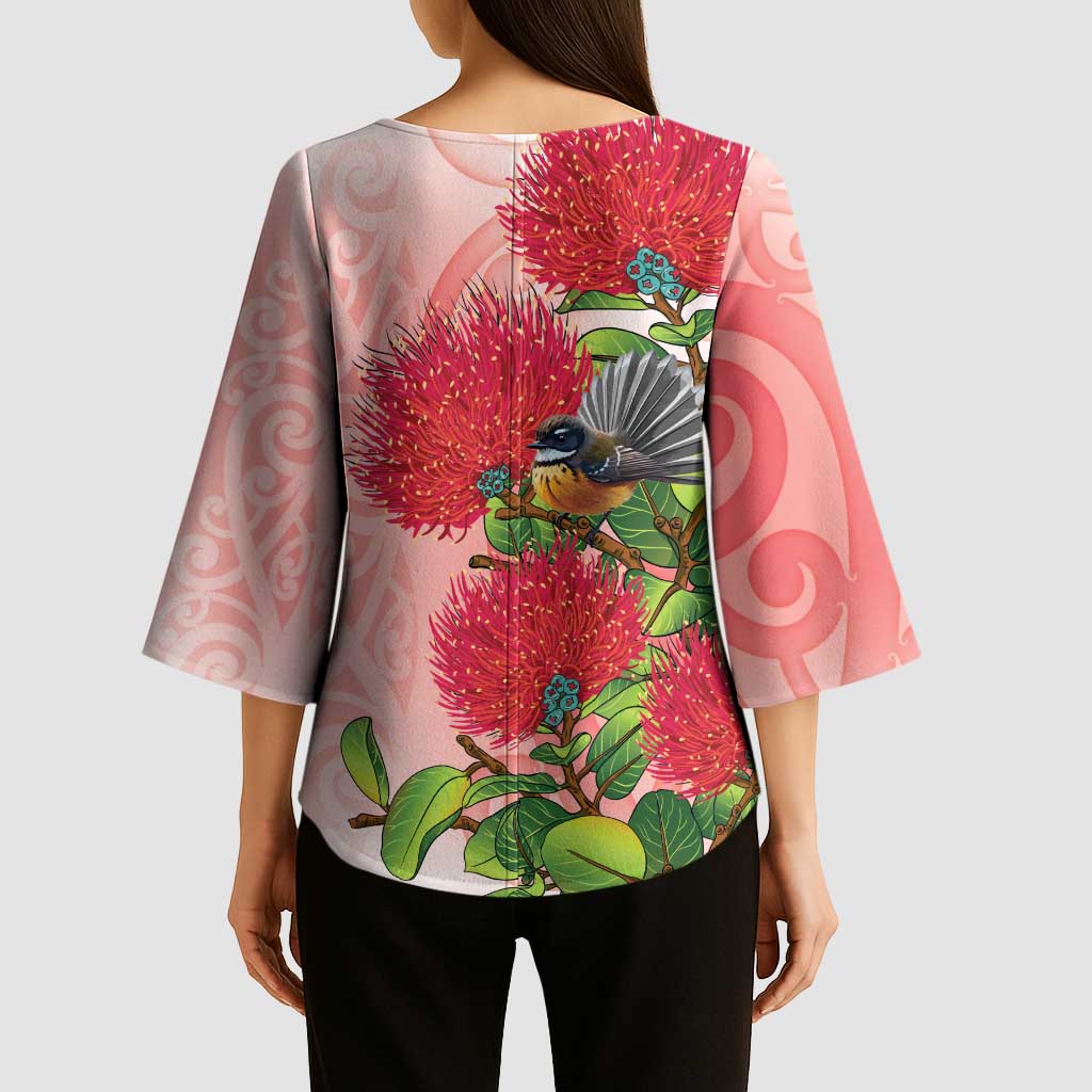 New Zealand Fantail Kimono Sleeve Blouse Maori Koru With Pohutukawa Flowers LT05 - Polynesian Pride