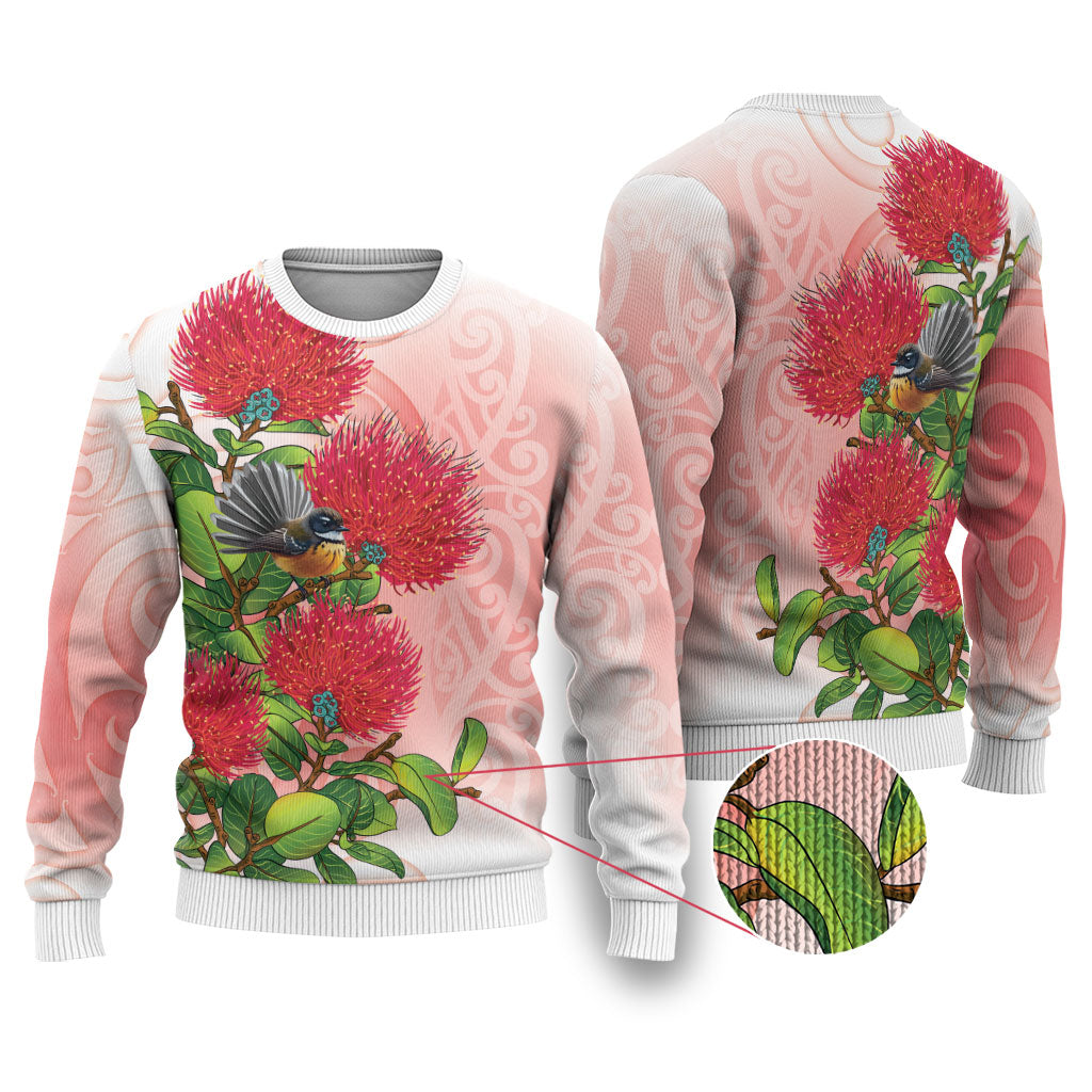 New Zealand Fantail Ugly Christmas Sweater Maori Koru With Pohutukawa Flowers LT05 Red - Polynesian Pride