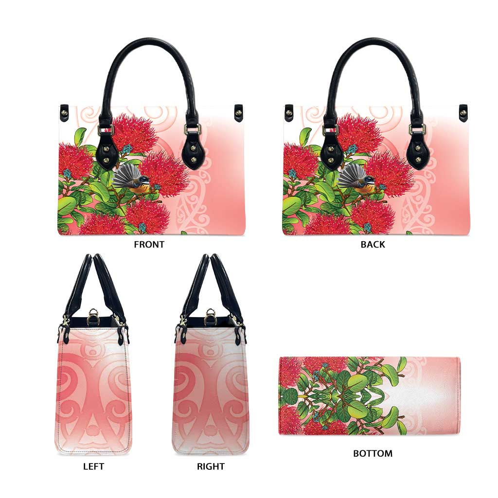 New Zealand Fantail Leather Bag Maori Koru With Pohutukawa Flowers LT05 - Polynesian Pride