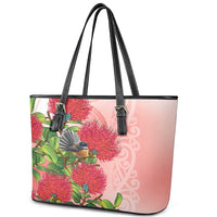 New Zealand Fantail Leather Tote Bag Maori Koru With Pohutukawa Flowers - Polynesian Pride