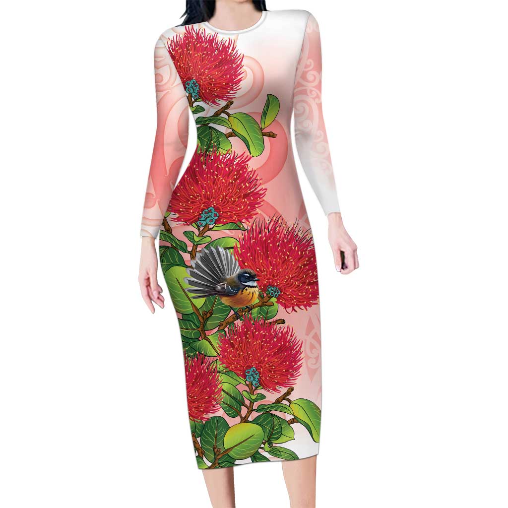 New Zealand Fantail Long Sleeve Bodycon Dress Maori Koru With Pohutukawa Flowers - Polynesian Pride
