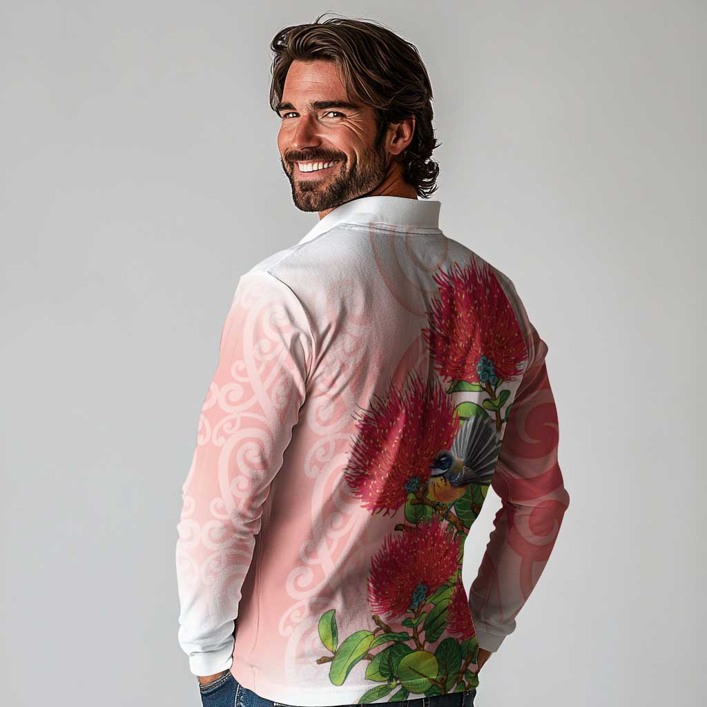 New Zealand Fantail Long Sleeve Polo Shirt Maori Koru With Pohutukawa Flowers LT05 - Polynesian Pride