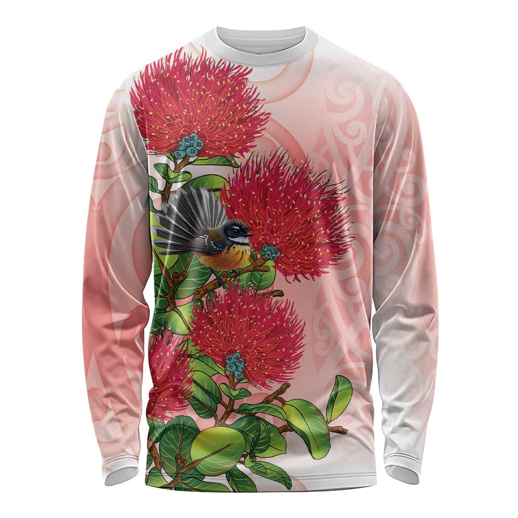 New Zealand Fantail Long Sleeve Shirt Maori Koru With Pohutukawa Flowers - Polynesian Pride