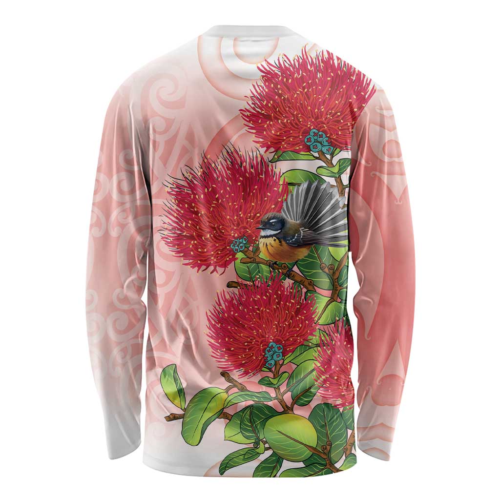 New Zealand Fantail Long Sleeve Shirt Maori Koru With Pohutukawa Flowers - Polynesian Pride