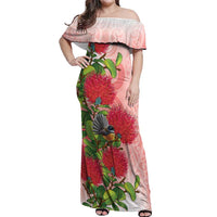 New Zealand Fantail Off Shoulder Maxi Dress Maori Koru With Pohutukawa Flowers - Polynesian Pride