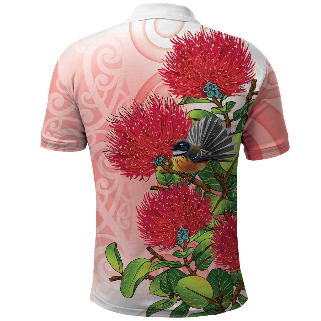 New Zealand Fantail Polo Shirt Maori Koru With Pohutukawa Flowers - Polynesian Pride