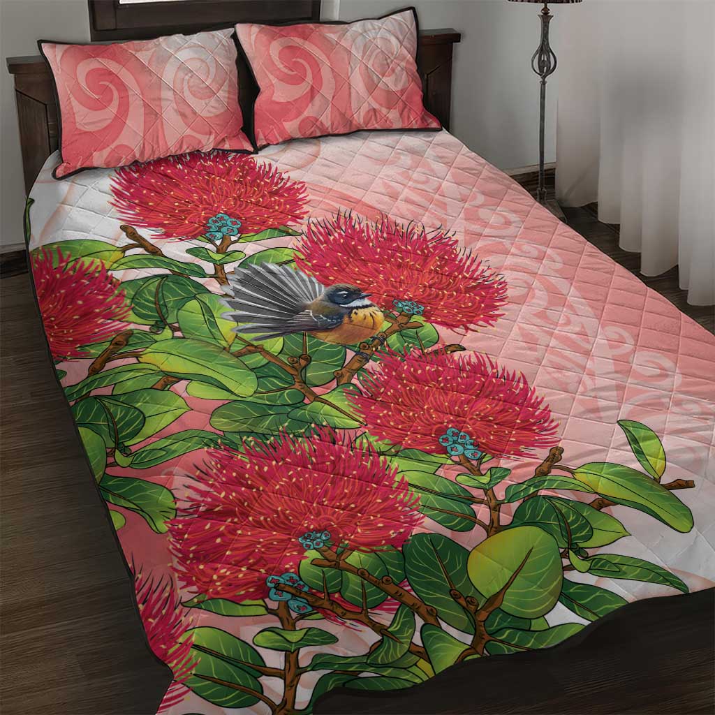 New Zealand Fantail Quilt Bed Set Maori Koru With Pohutukawa Flowers - Polynesian Pride