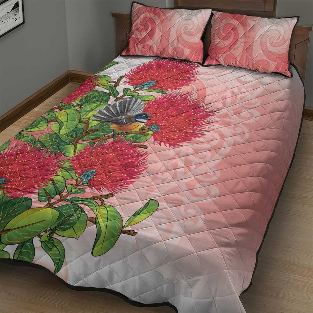 New Zealand Fantail Quilt Bed Set Maori Koru With Pohutukawa Flowers - Polynesian Pride