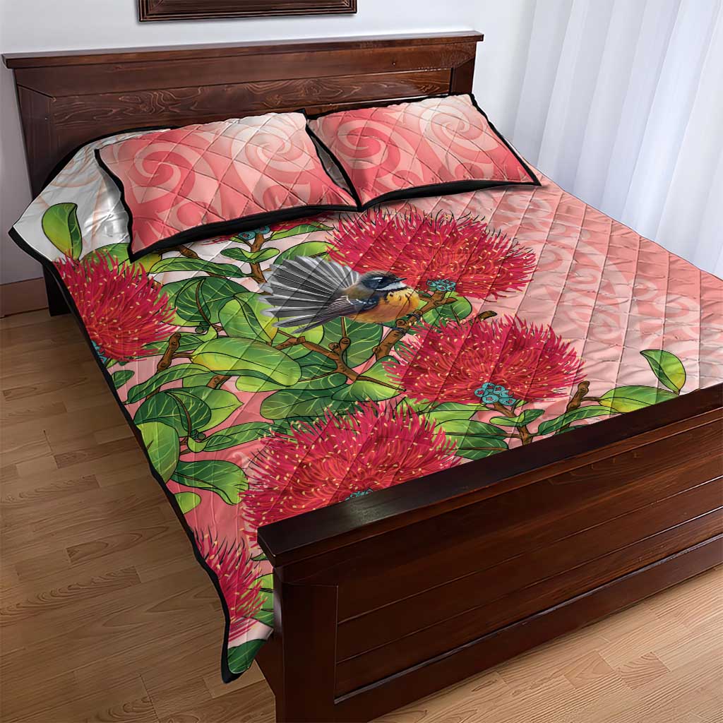 New Zealand Fantail Quilt Bed Set Maori Koru With Pohutukawa Flowers - Polynesian Pride