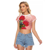 New Zealand Fantail Raglan Cropped T Shirt Maori Koru With Pohutukawa Flowers - Polynesian Pride