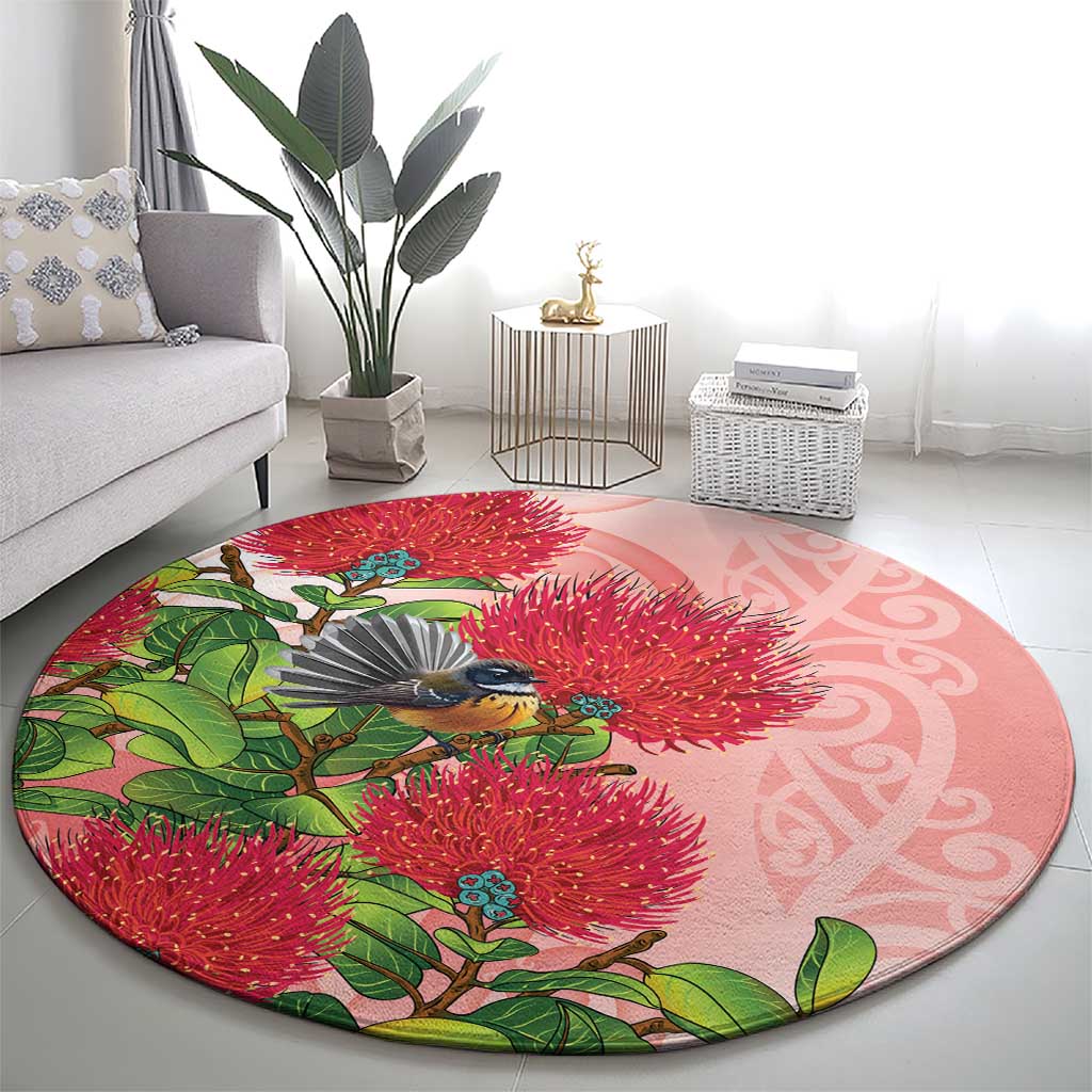 New Zealand Fantail Round Carpet Maori Koru With Pohutukawa Flowers LT05 - Polynesian Pride