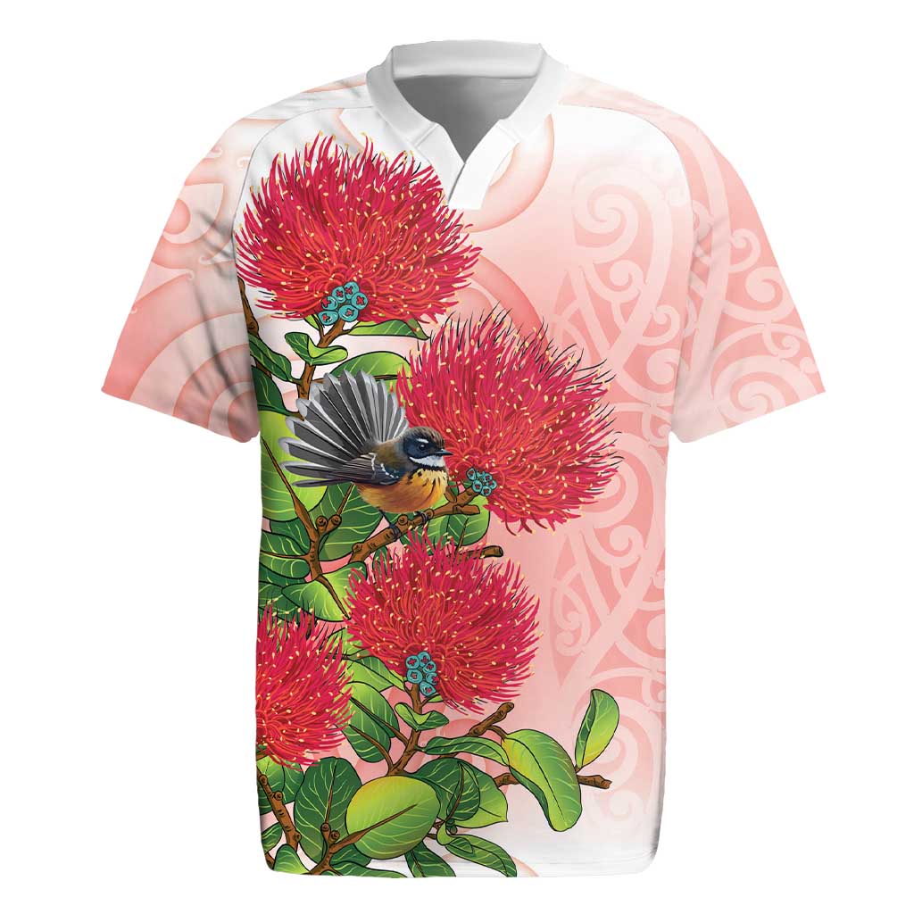 New Zealand Fantail Rugby Jersey Maori Koru With Pohutukawa Flowers - Polynesian Pride