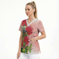 New Zealand Fantail Scrub Top Maori Koru With Pohutukawa Flowers LT05 - Polynesian Pride