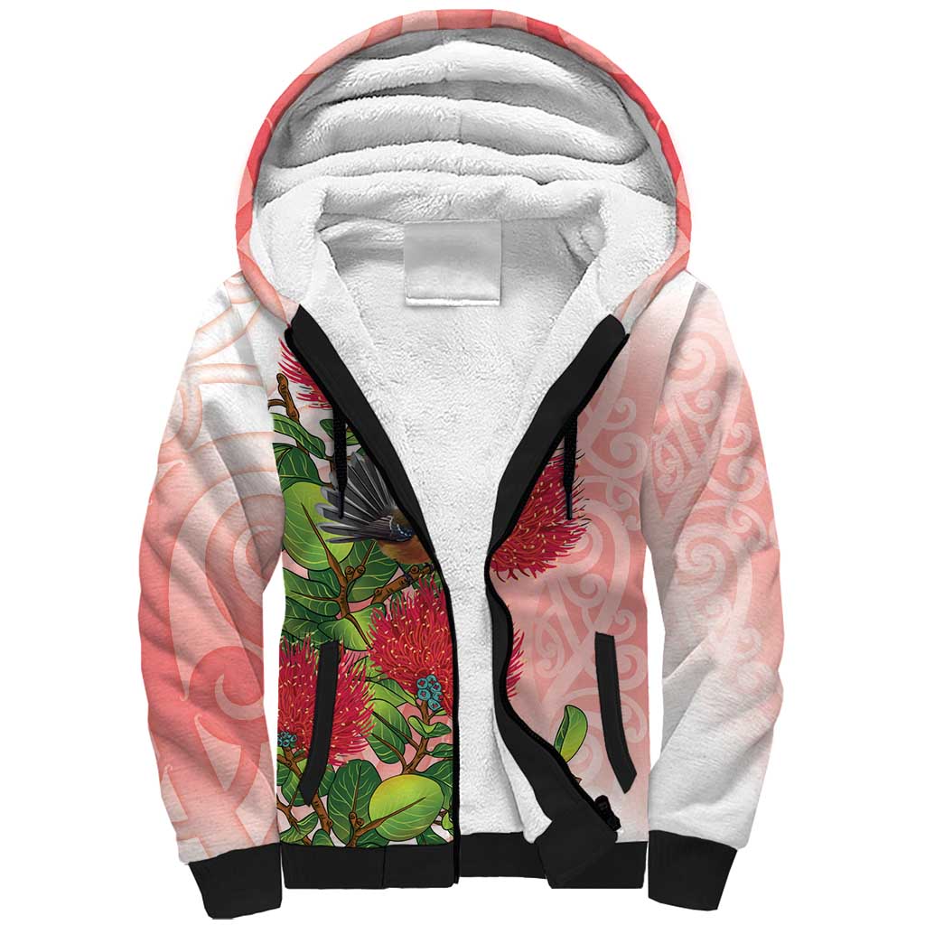 New Zealand Fantail Sherpa Hoodie Maori Koru With Pohutukawa Flowers - Polynesian Pride